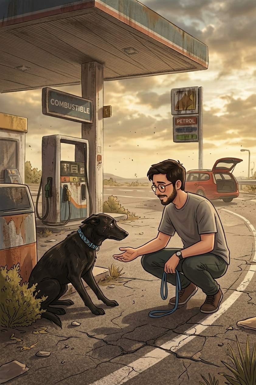 Ilustración del rescate de Pandora: un voluntario agachado le tiende la mano a una perra negra junto a una gasolinera al atardecer